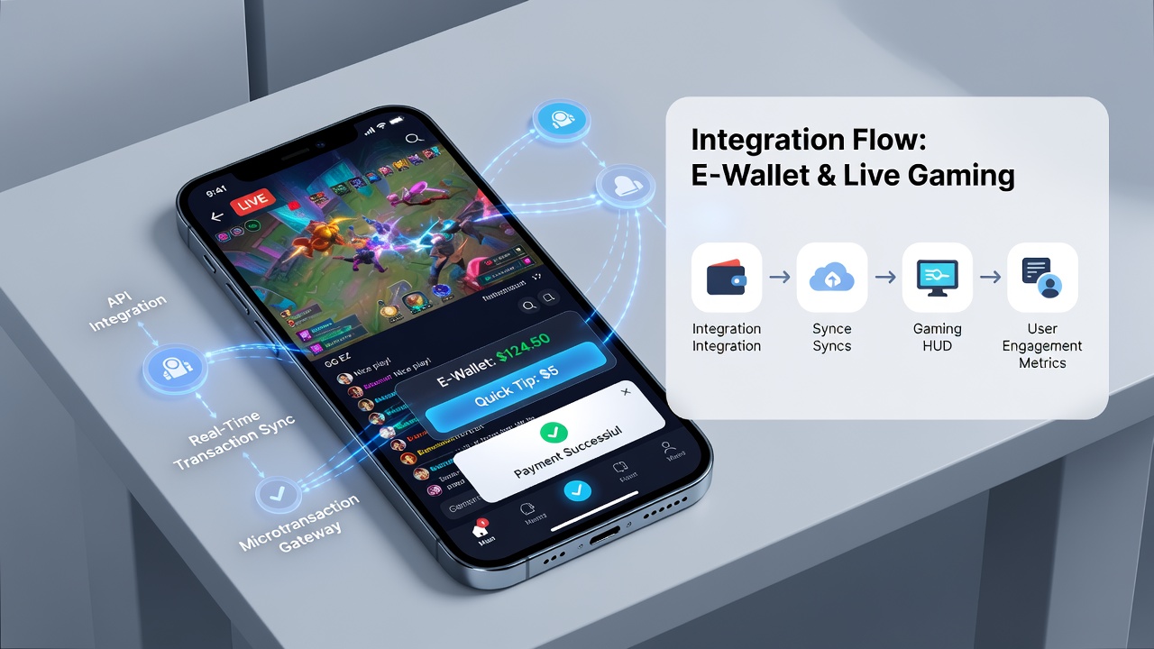Diagram of data flow between e-wallet API and live gaming mobile app